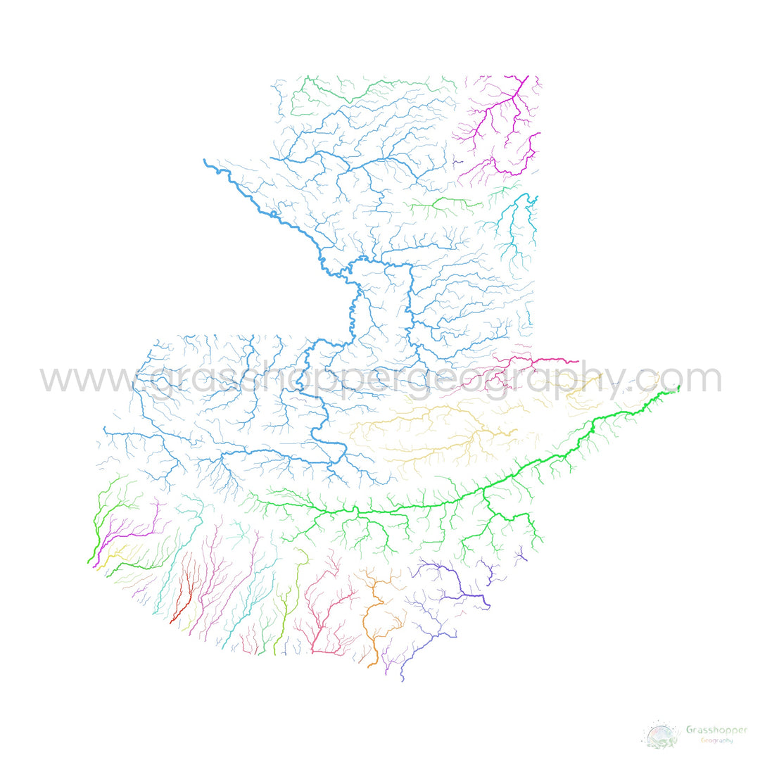 Guatemala - Mapa de cuencas fluviales, arco iris sobre blanco - Impresión de Bellas Artes