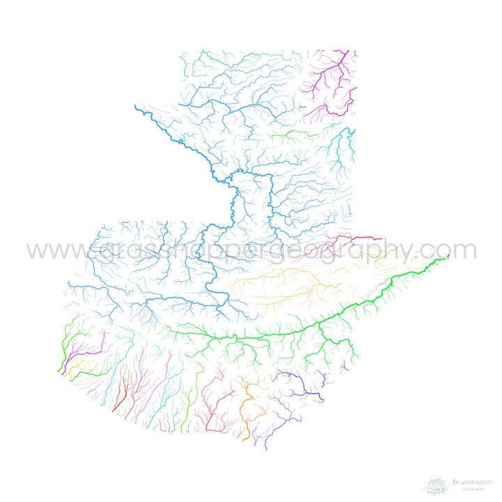 Guatemala - River basin map, rainbow on white - Fine Art Print