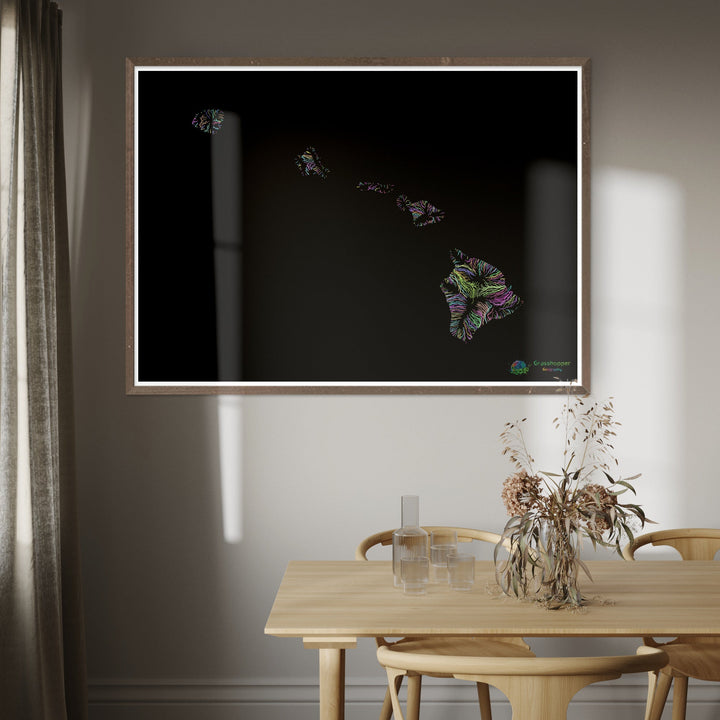 River basin map of Hawaii, pastel colours on black - Fine Art Print