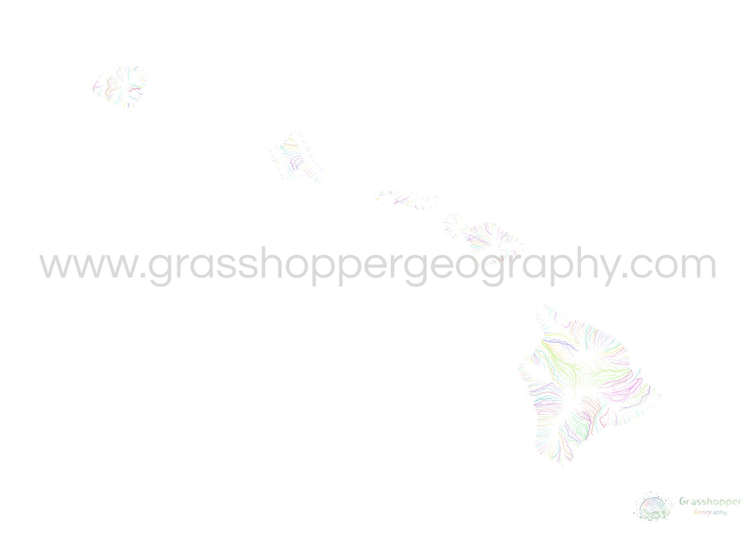 Havaí - Mapa da bacia hidrográfica, pastel sobre branco - Impressão de belas artes