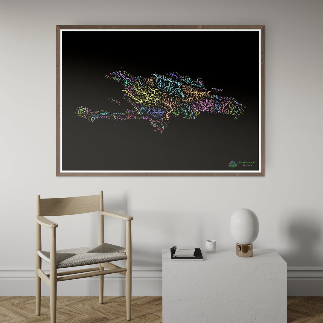 Hispaniola - Carte du bassin fluvial, pastel sur noir - Fine Art Print