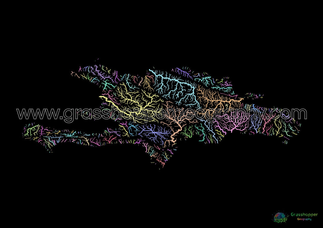 Hispaniola - Carte du bassin fluvial, pastel sur noir - Fine Art Print