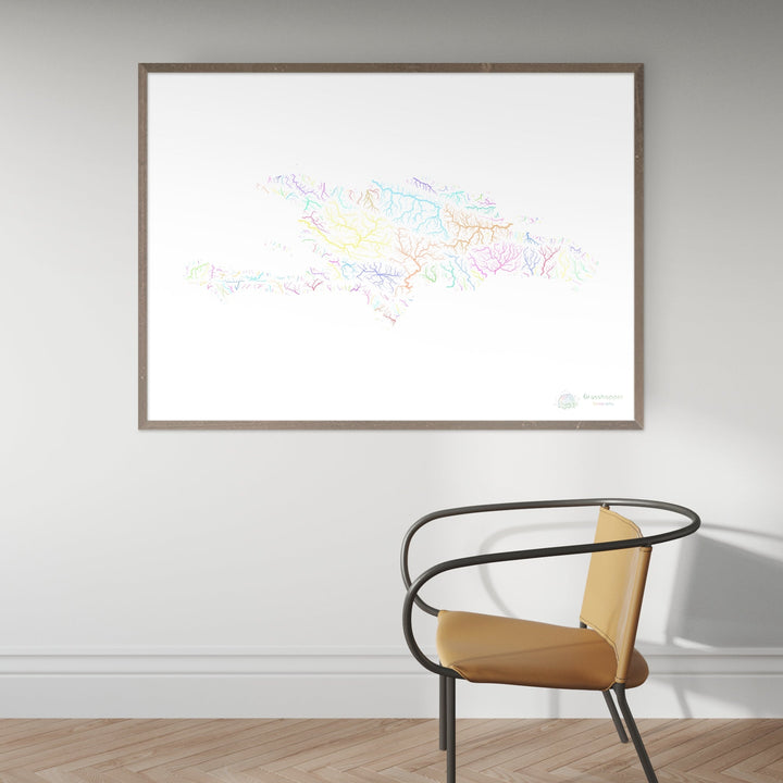 Hispaniola - Carte du bassin fluvial, pastel sur blanc - Fine Art Print