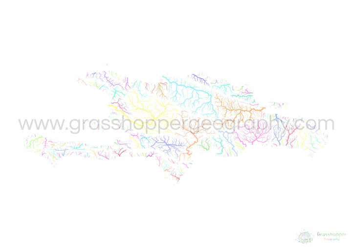 Hispaniola - Mapa da bacia hidrográfica, pastel sobre branco - Impressão de belas artes