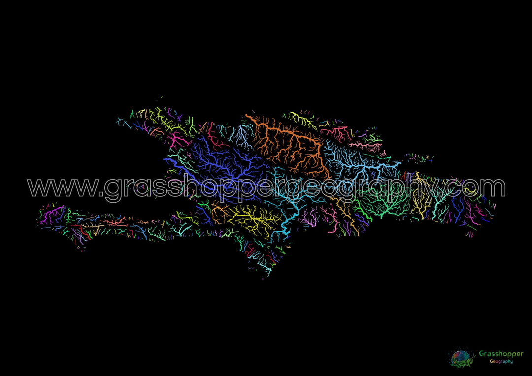 Hispaniola - Carte du bassin fluvial, arc-en-ciel sur noir - Fine Art Print