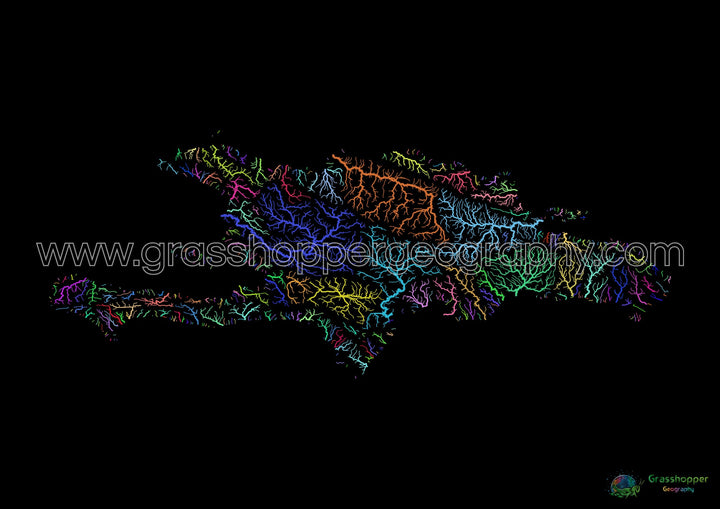 Hispaniola - Mapa de la cuenca del río, arco iris sobre negro - Impresión de Bellas Artes