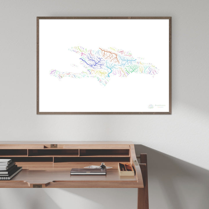 River basin map of Hispaniola, rainbow colours on white Fine Art Print