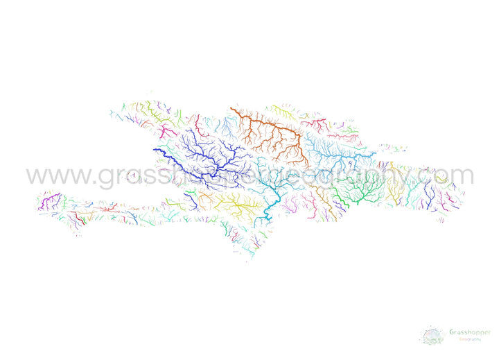 Hispaniola - Carte du bassin fluvial, arc-en-ciel sur blanc - Fine Art Print