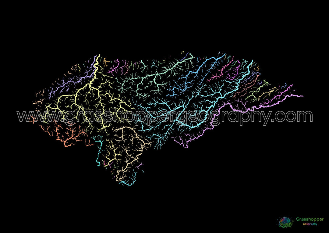 Honduras - Mapa de la cuenca hidrográfica, pastel sobre negro - Impresión de Bellas Artes