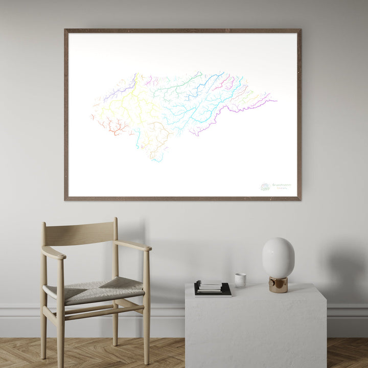 Honduras - Carte du bassin fluvial, pastel sur blanc - Fine Art Print