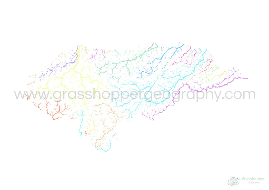Honduras - Mapa de la cuenca hidrográfica, pastel sobre blanco - Impresión de Bellas Artes