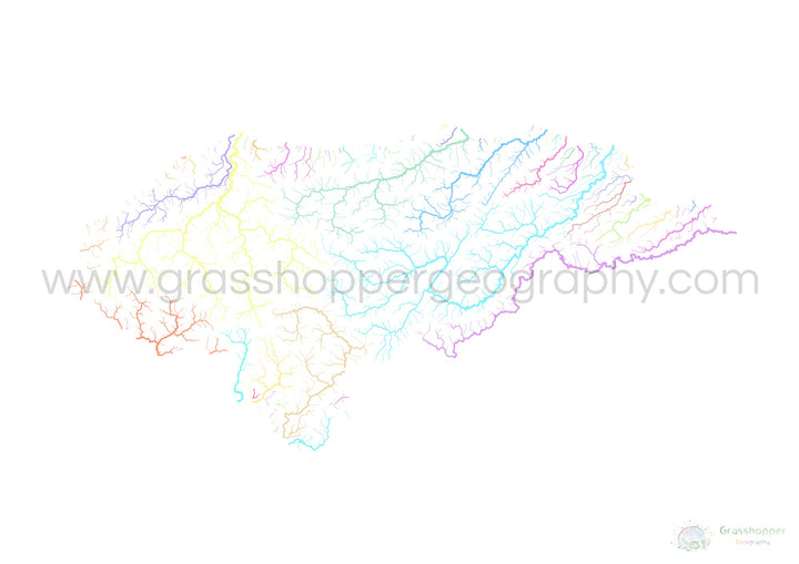 Honduras - Carte du bassin fluvial, pastel sur blanc - Fine Art Print