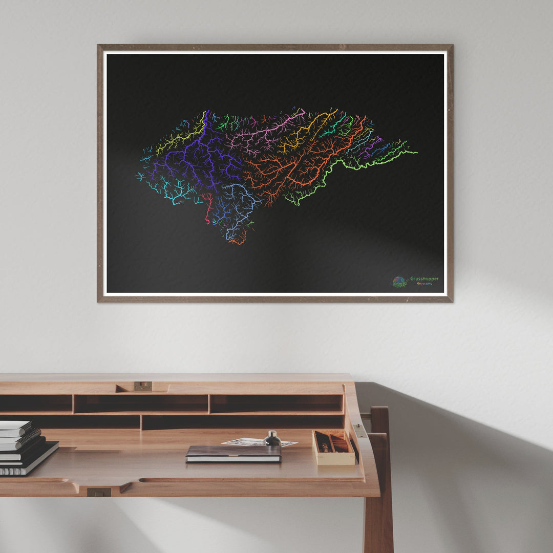 Honduras - River basin map, rainbow on black - Fine Art Print