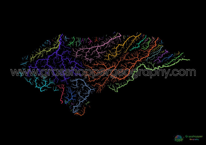 Honduras - Mapa de cuencas fluviales, arcoíris sobre negro - Impresión de Bellas Artes