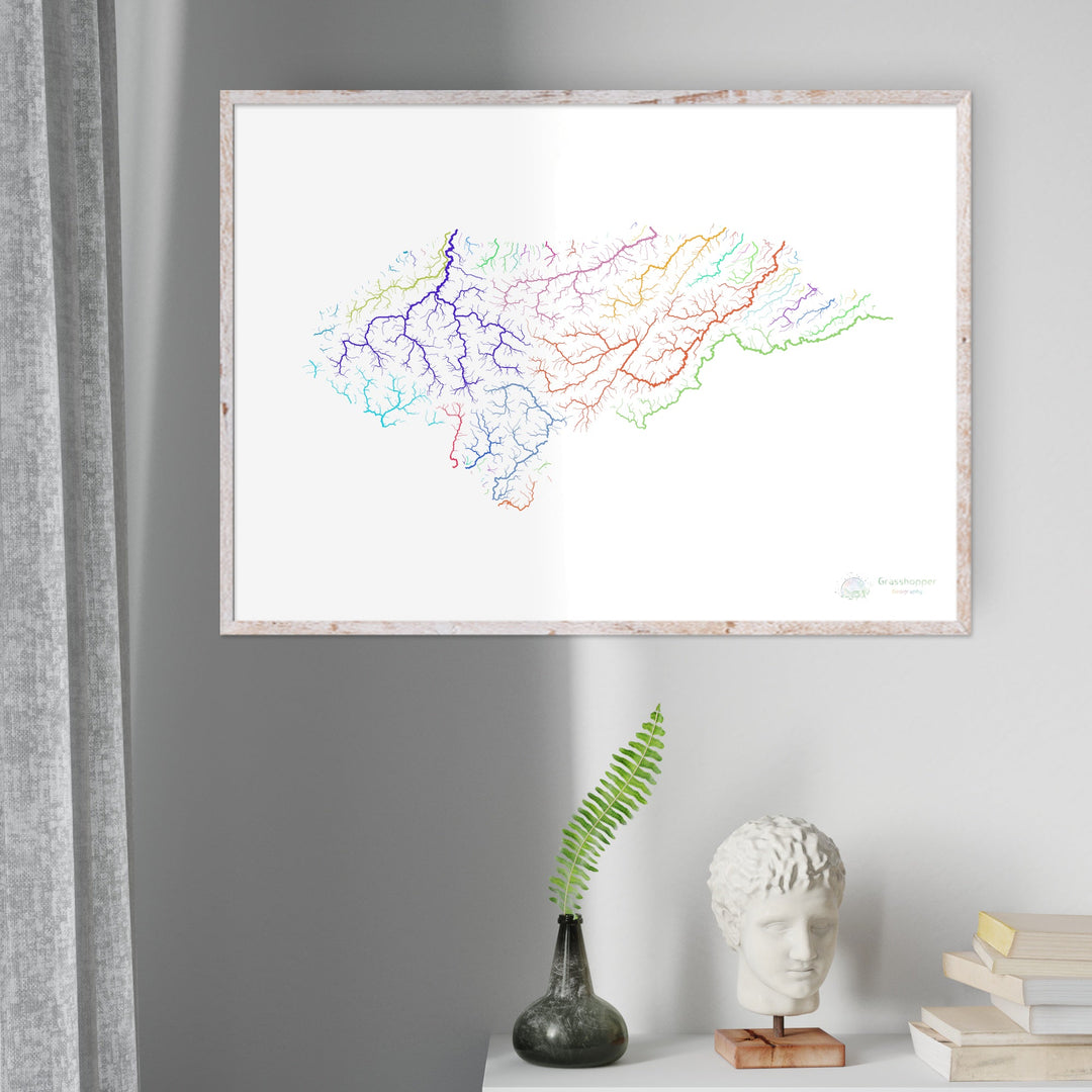 River basin map of Honduras, rainbow colours on white Fine Art Print