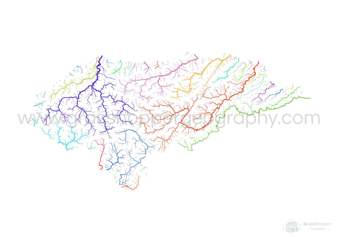 Honduras - River basin map, rainbow on white - Fine Art Print
