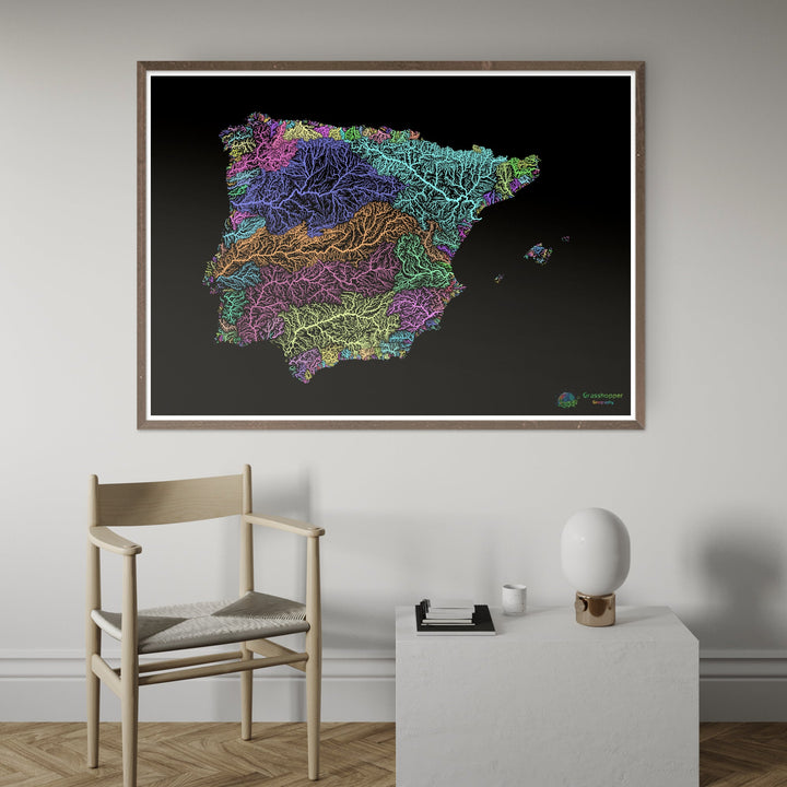 River basin map of Iberia, pastel colours on black - Fine Art Print