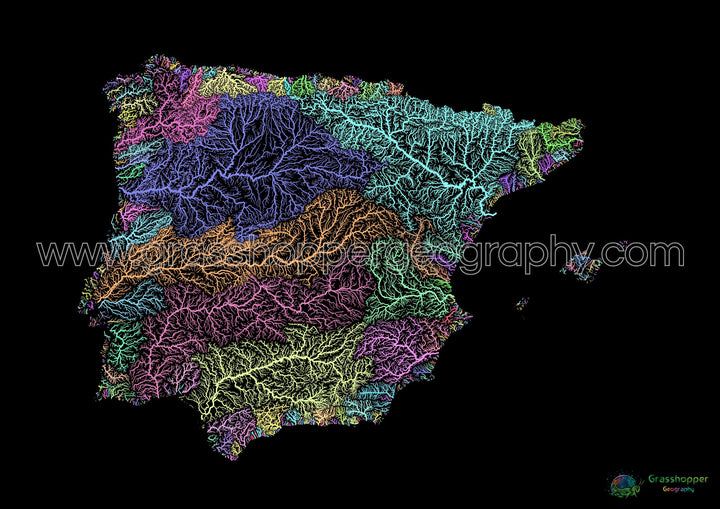 River basin map of Iberia, pastel colours on black - Fine Art Print