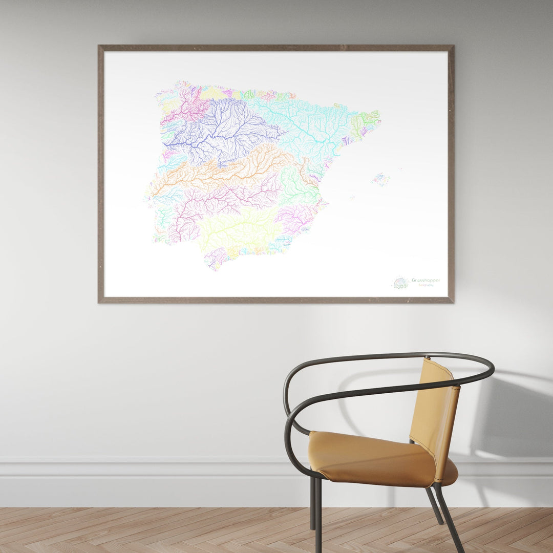 Iberia - Mapa da bacia hidrográfica, pastel sobre branco - Impressão de belas artes