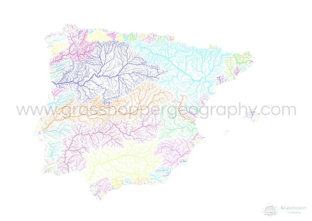Iberia - Mapa da bacia hidrográfica, pastel sobre branco - Impressão de belas artes