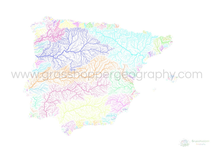 Iberia - Carte des bassins fluviaux, pastel sur blanc - Fine Art Print