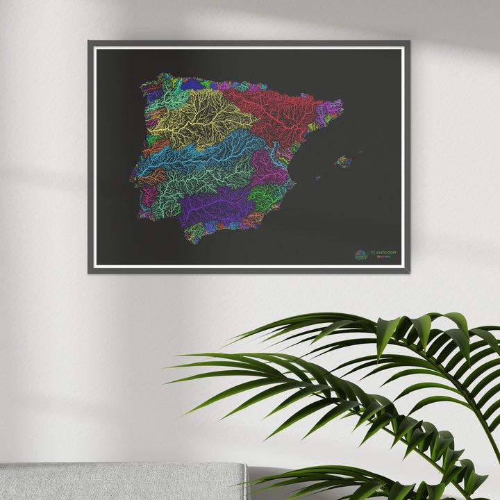 Iberia - River basin map, rainbow on black - Fine Art Print