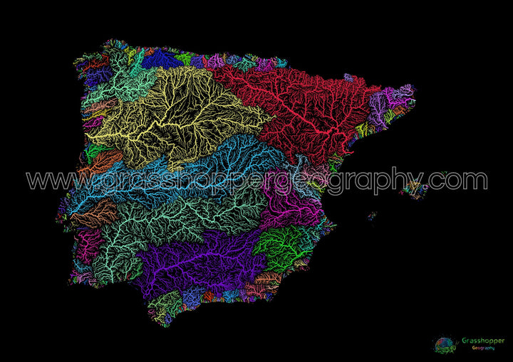 Iberia - Carte des bassins fluviaux, arc-en-ciel sur noir - Fine Art Print