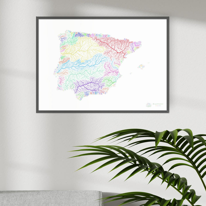 Iberia - Mapa de cuencas fluviales, arco iris sobre blanco - Impresión de Bellas Artes