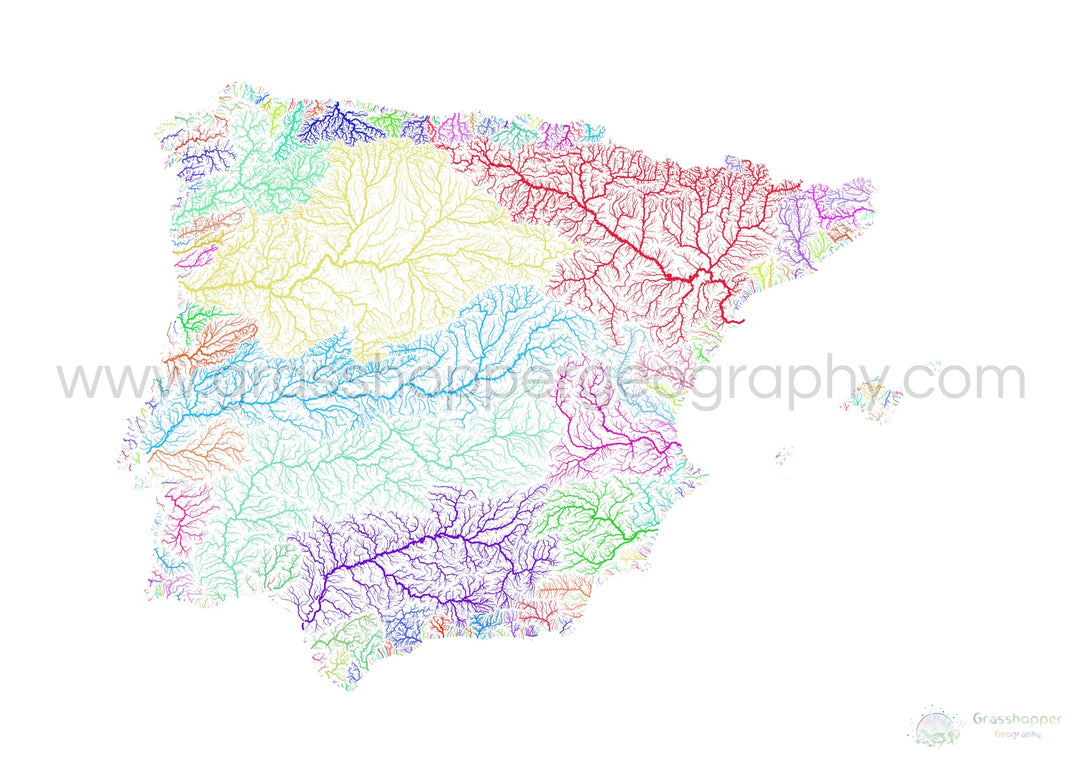 Iberia - Mapa de cuencas fluviales, arco iris sobre blanco - Impresión de Bellas Artes