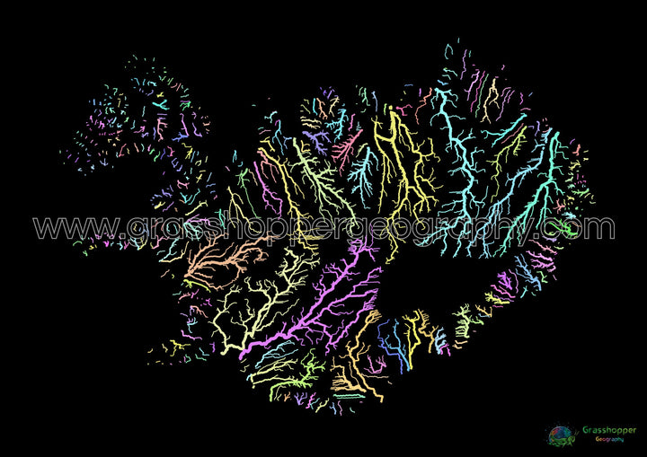 Islandia - Mapa de la cuenca fluvial, pastel sobre negro - Impresión de Bellas Artes