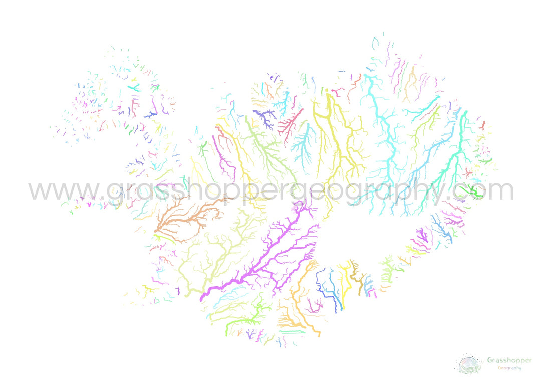 Islande - Carte des bassins fluviaux, pastel sur blanc - Fine Art Print