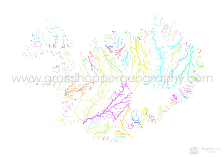 Islande - Carte des bassins fluviaux, pastel sur blanc - Fine Art Print