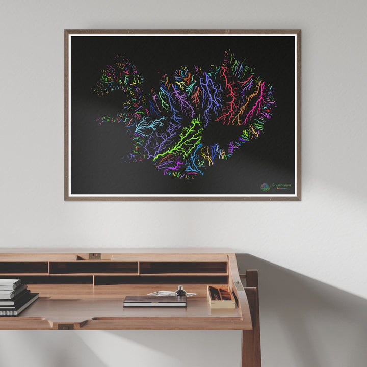 Iceland - River basin map, rainbow on black - Fine Art Print