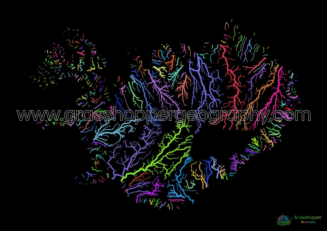 Iceland - River basin map, rainbow on black - Fine Art Print