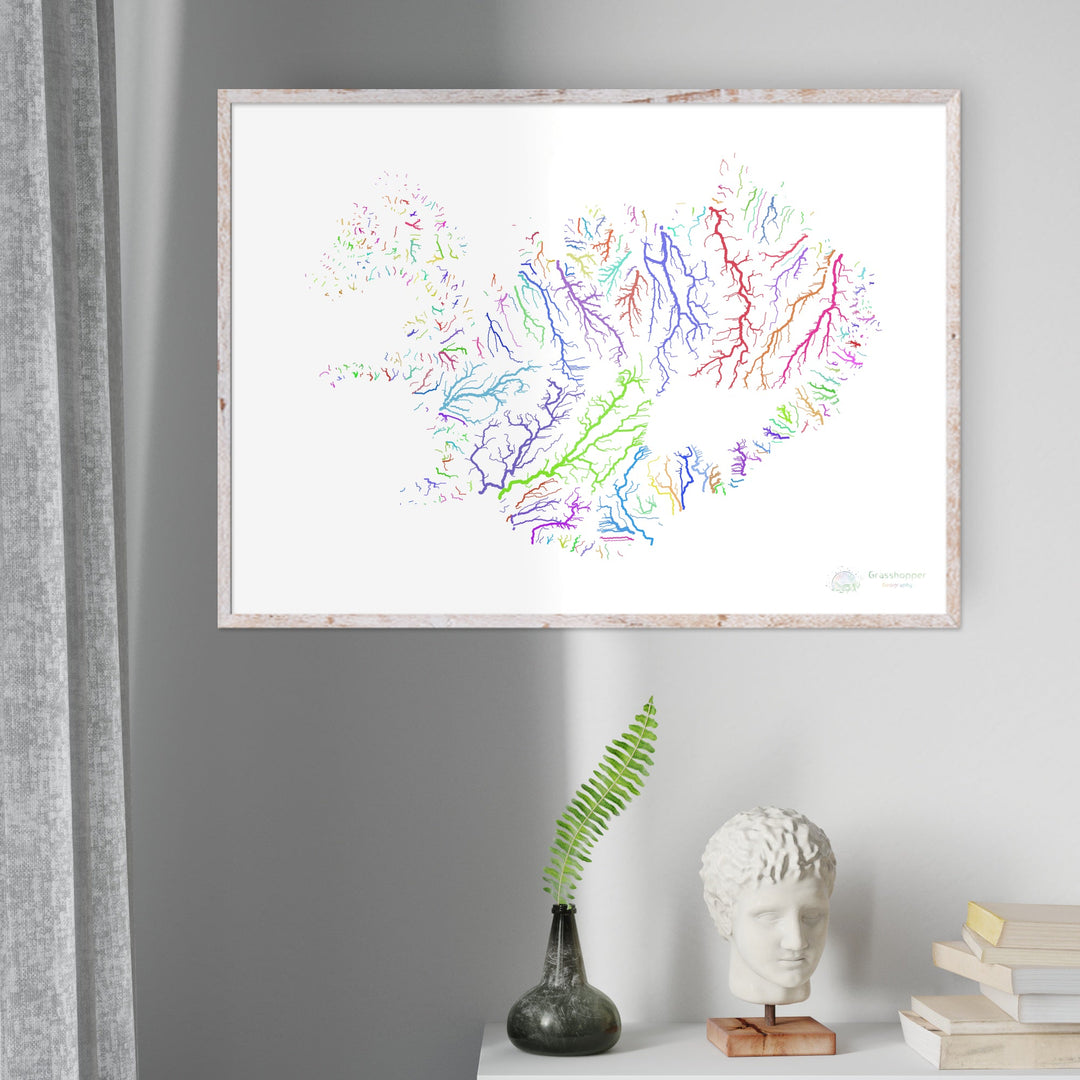 Iceland - River basin map, rainbow on white - Fine Art Print