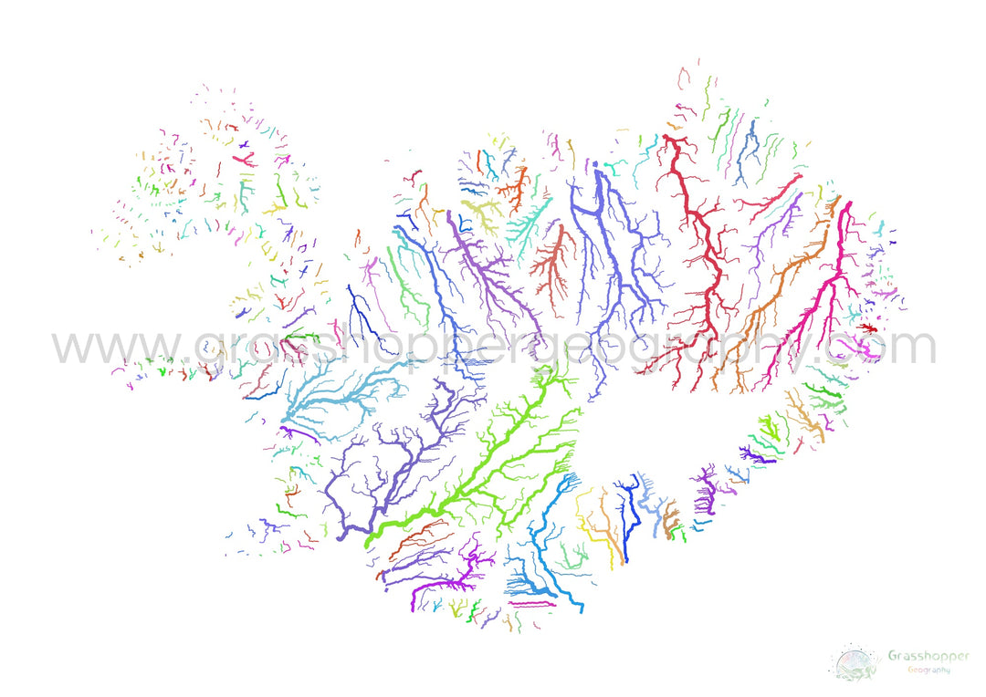 River basin map of Iceland, rainbow colours on white Fine Art Print