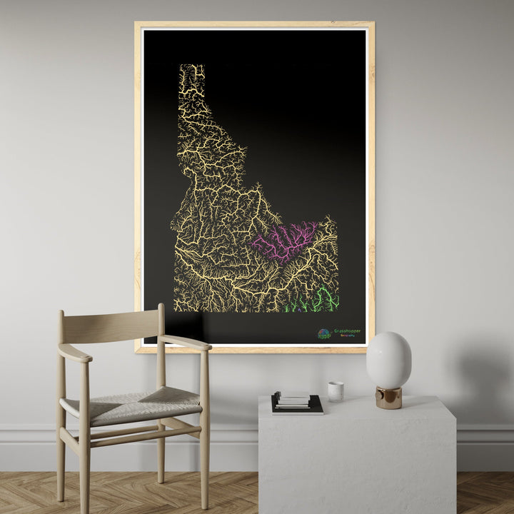 Idaho - Mapa de la cuenca del río, pastel sobre negro - Impresión de Bellas Artes