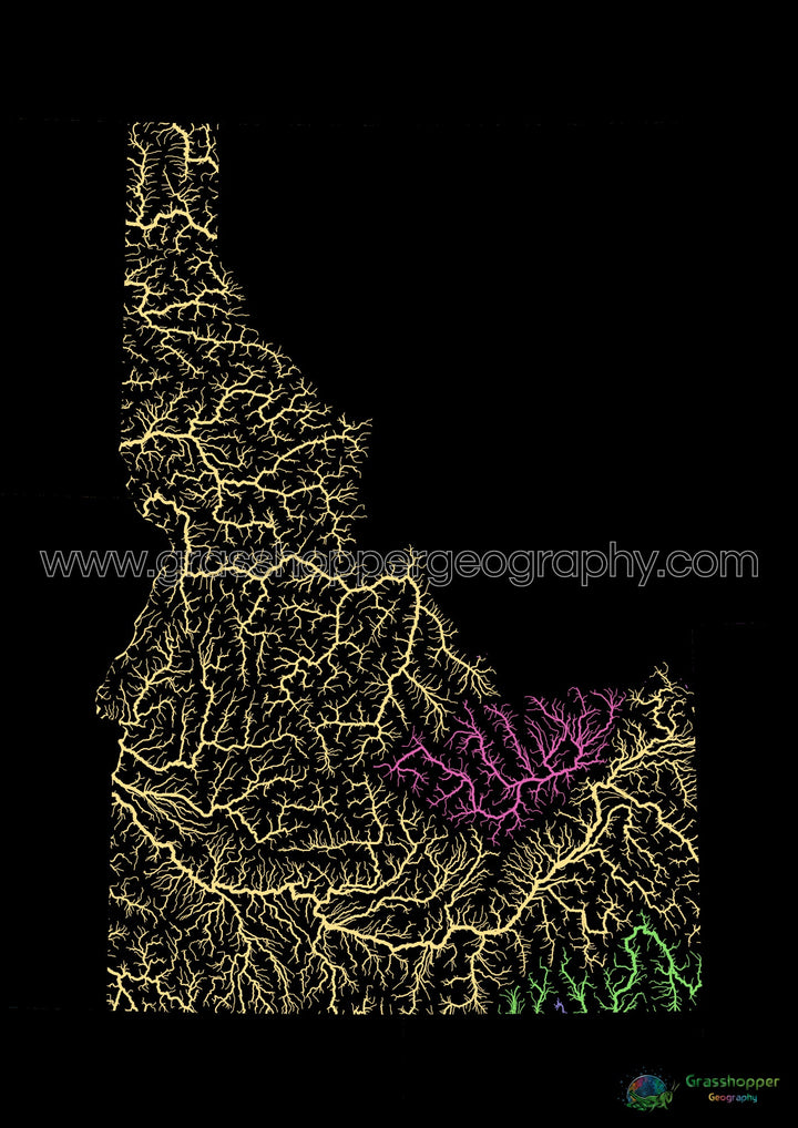 River basin map of Idaho, pastel colours on black - Fine Art Print