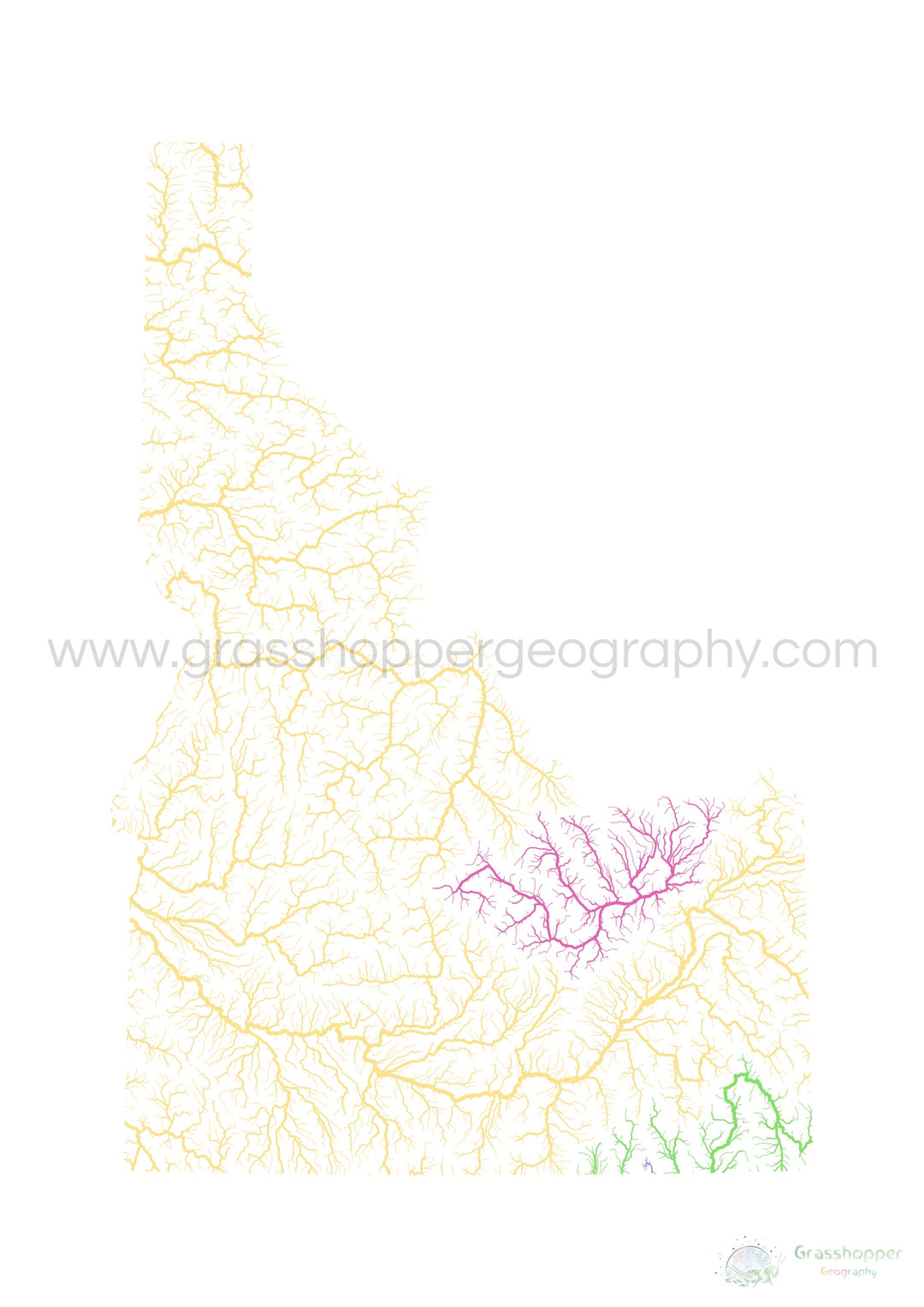Idaho - Carte du bassin fluvial, pastel sur blanc - Fine Art Print