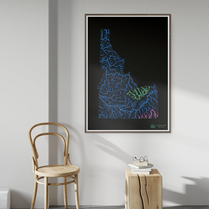 Idaho - Carte du bassin fluvial, arc-en-ciel sur noir - Fine Art Print