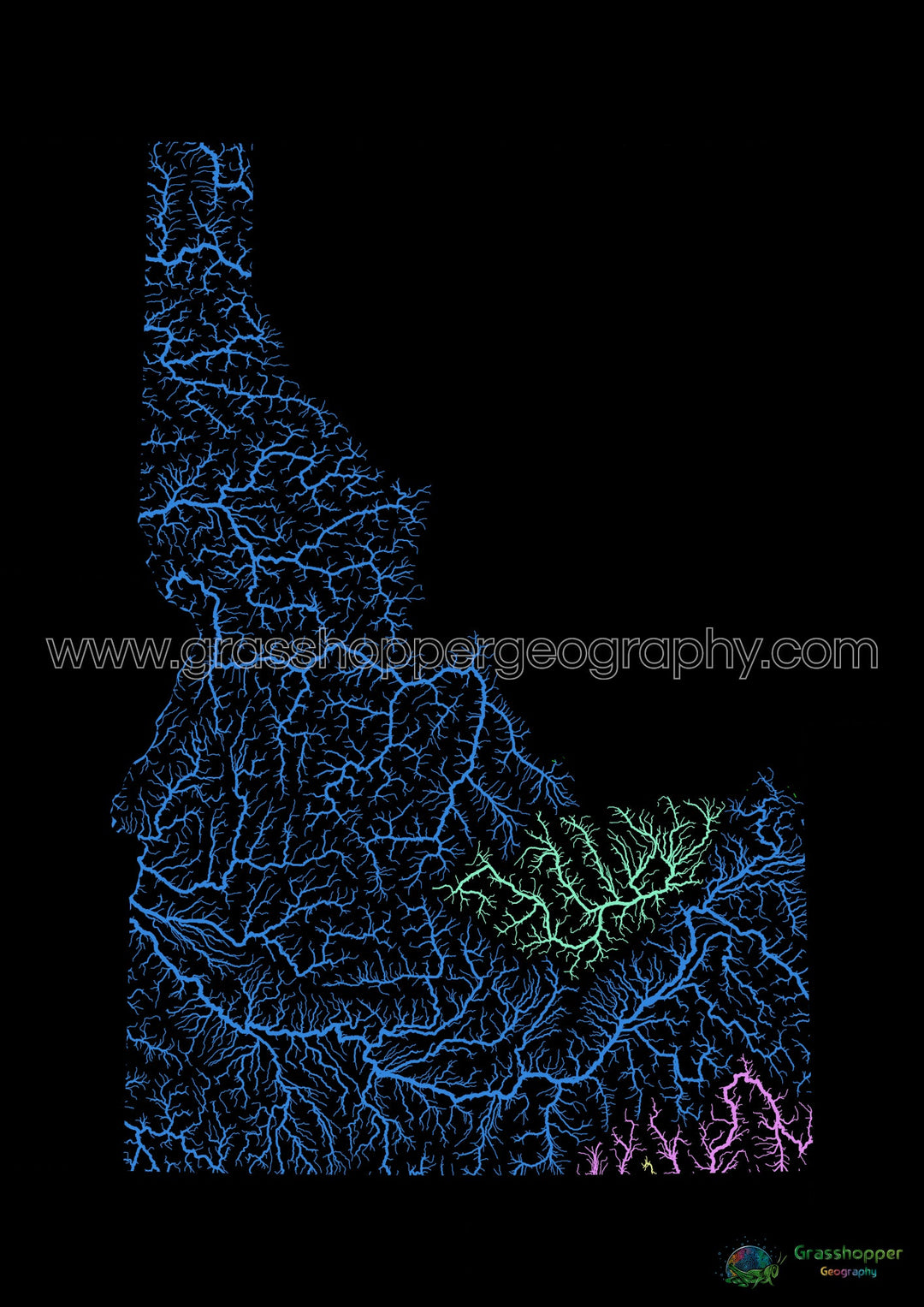 Idaho - Carte du bassin fluvial, arc-en-ciel sur noir - Fine Art Print