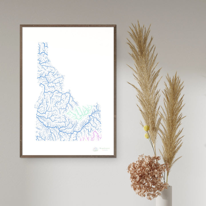 Idaho - Carte du bassin fluvial, arc-en-ciel sur blanc - Fine Art Print