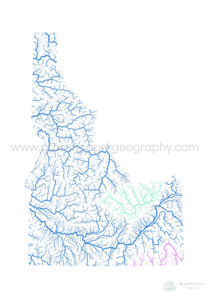 Idaho - Mapa de la cuenca del río, arco iris sobre blanco - Impresión de Bellas Artes