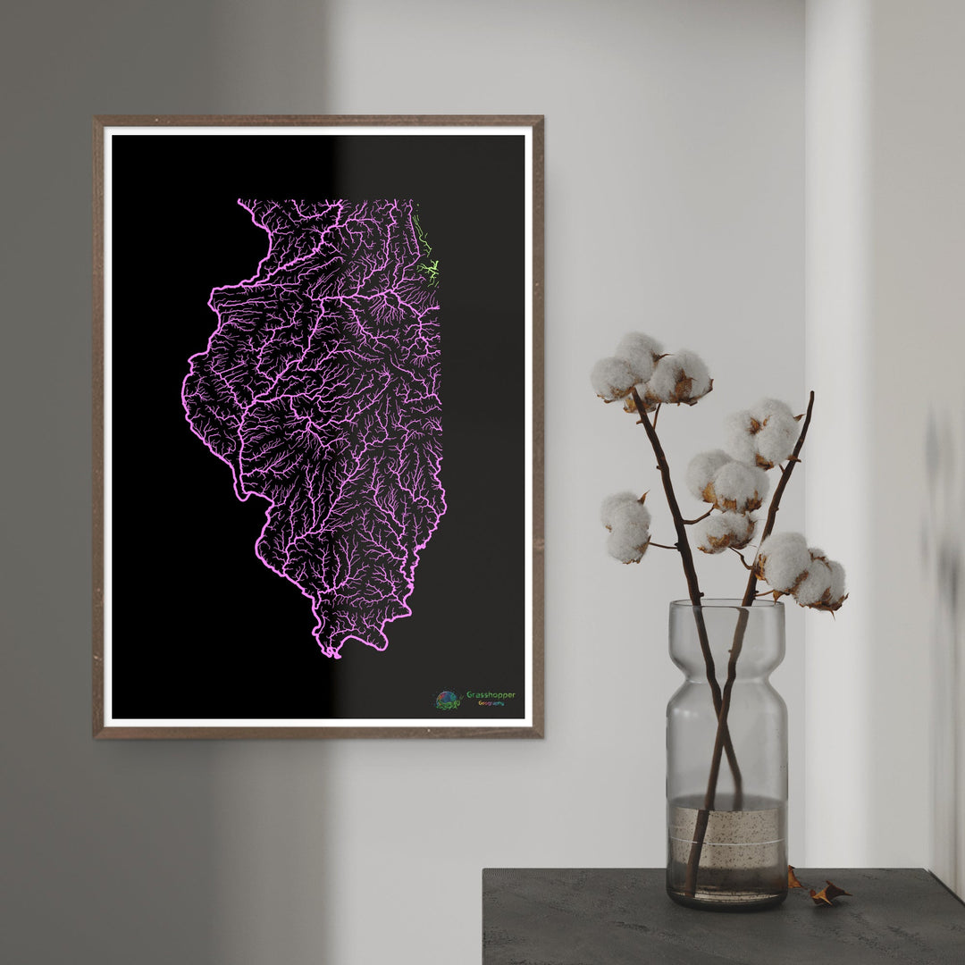 Illinois - Carte du bassin fluvial, pastel sur noir - Fine Art Print