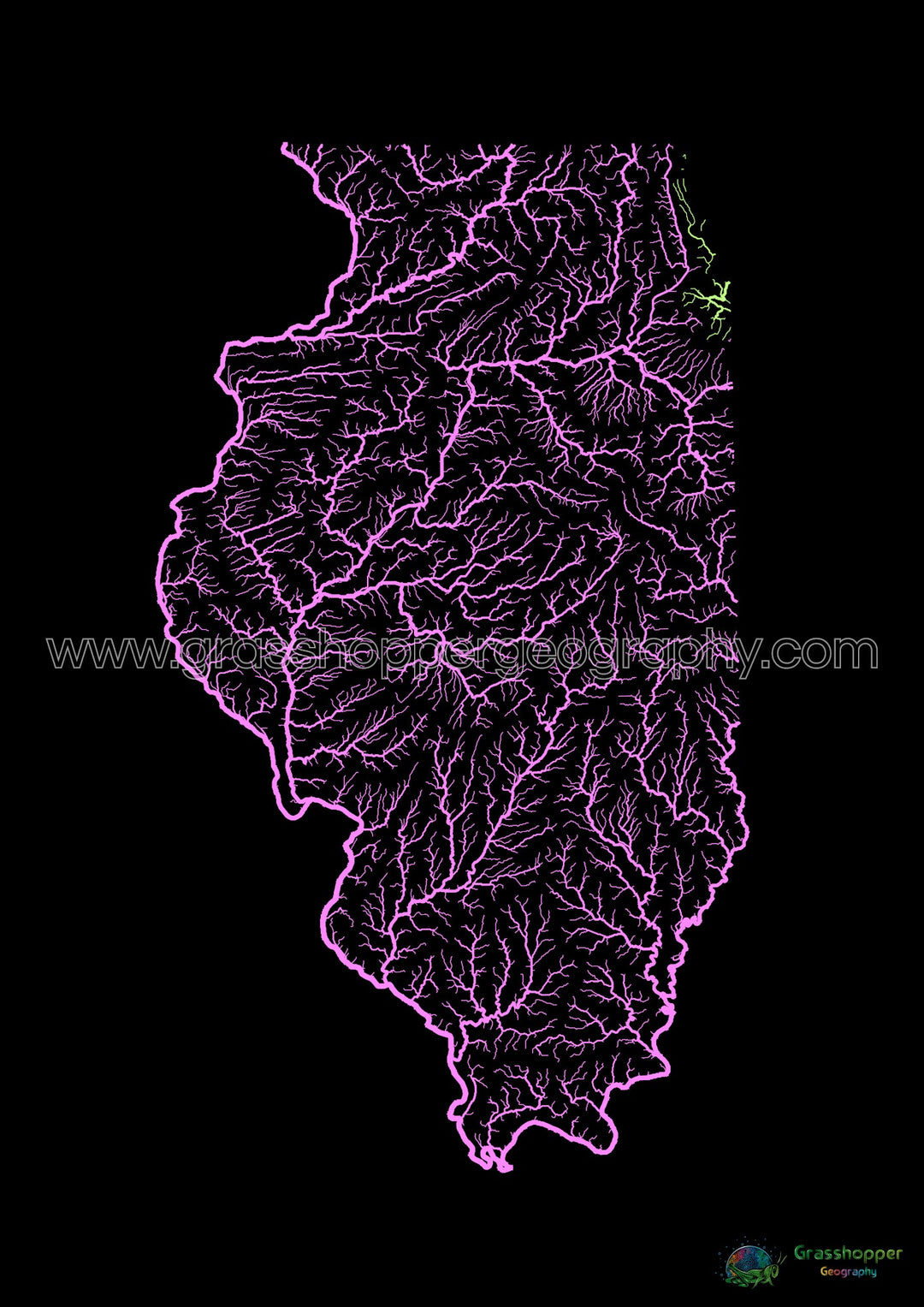River basin map of Illinois, pastel colours on black - Fine Art Print