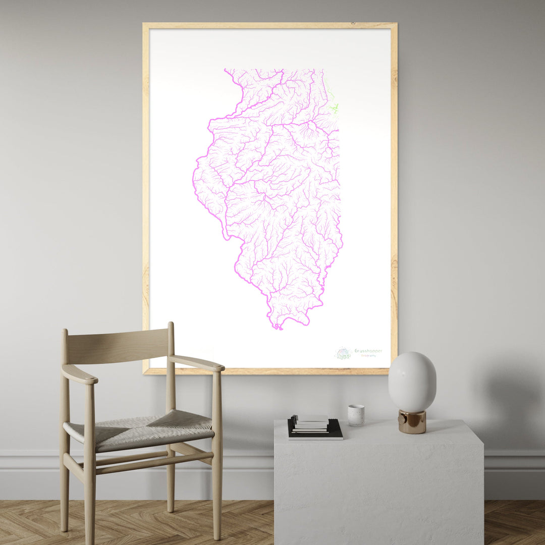 River basin map of Illinois, pastel colours on white - Fine Art Print