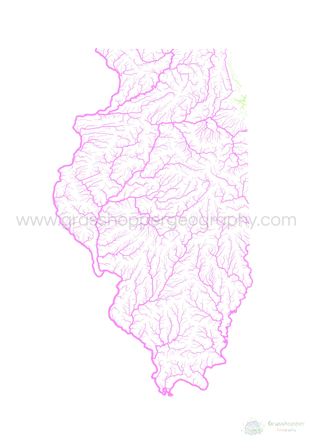 Illinois - Mapa da bacia hidrográfica, pastel sobre branco - Impressão de belas artes