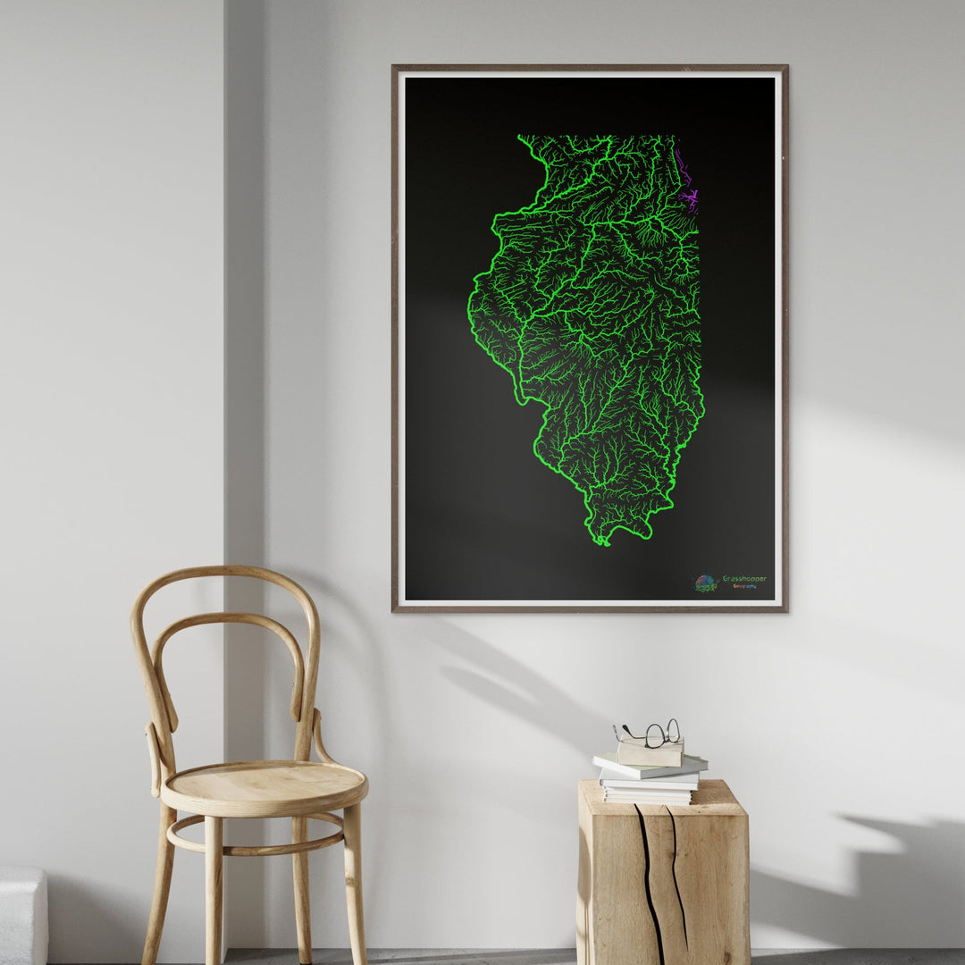Illinois - Carte du bassin fluvial, arc-en-ciel sur noir - Fine Art Print