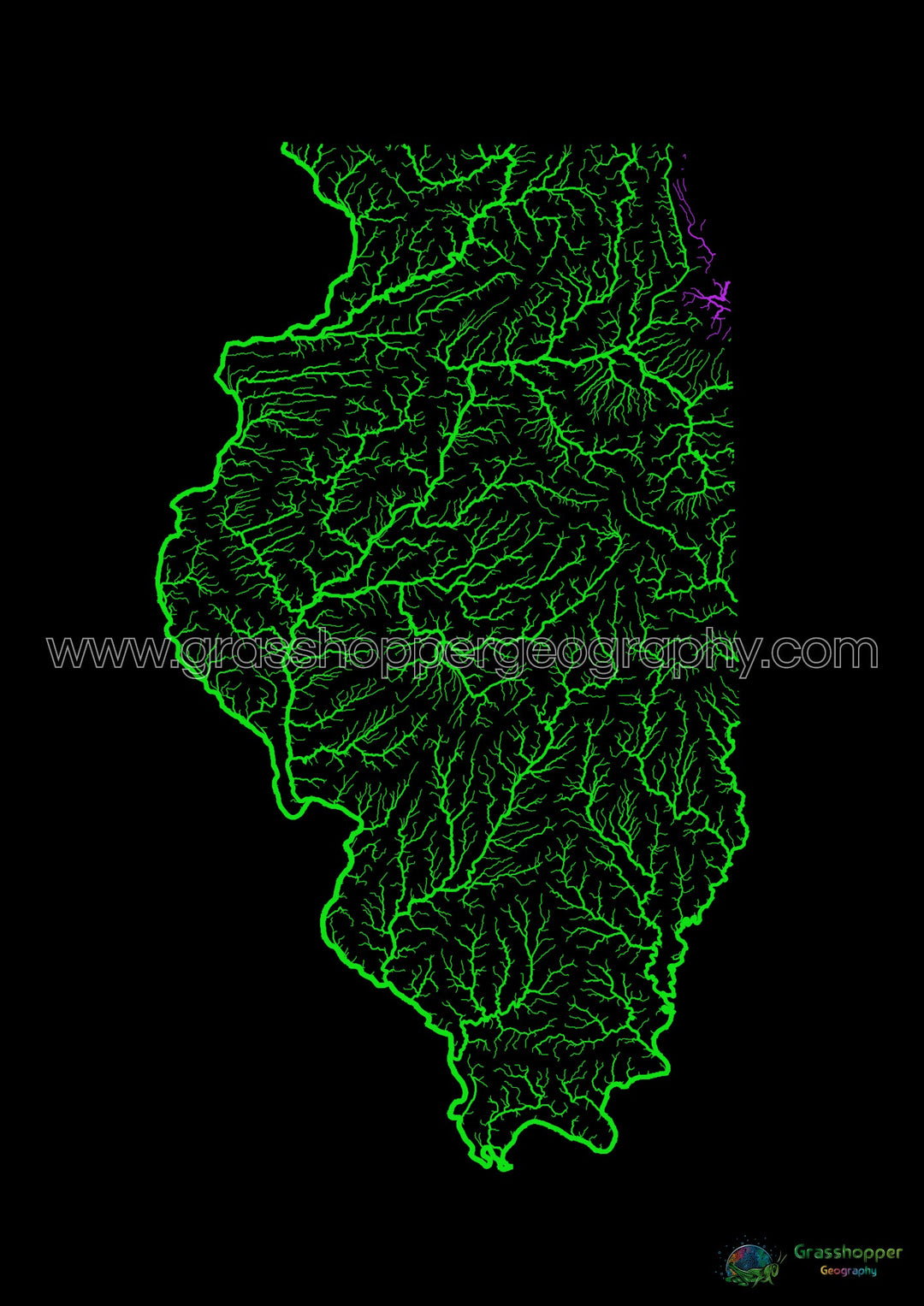 Illinois - Mapa de la cuenca fluvial, arco iris sobre negro - Impresión de bellas artes