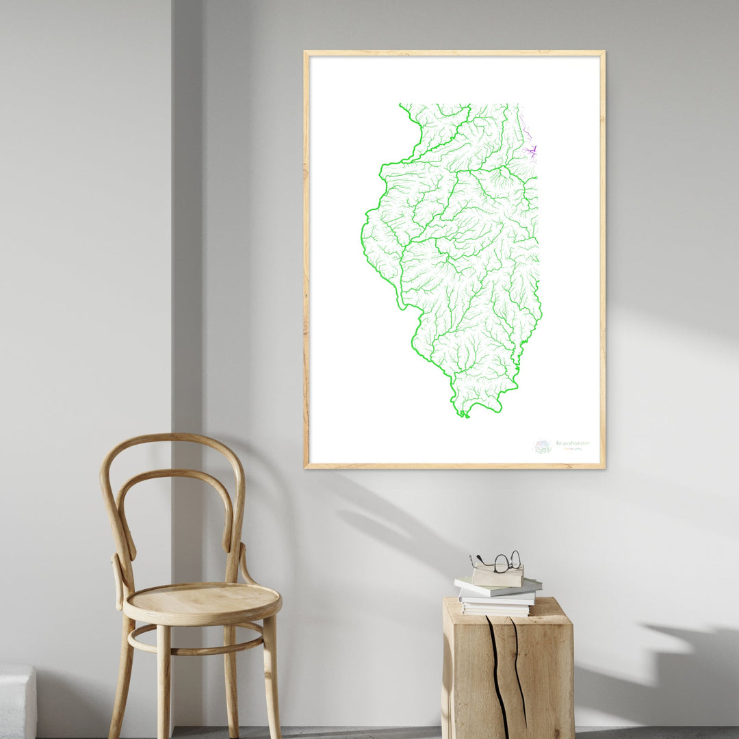 River basin map of Illinois, rainbow colours on white Fine Art Print